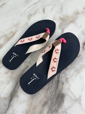 J.Crew Flamingo Flip Flops Pink Embroidered Thong Sandals Navy Women’s 8